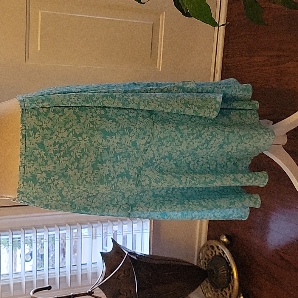 Oscar de la Renta aqua white print ALine midi skirt draped front Lined 10 EUC …
